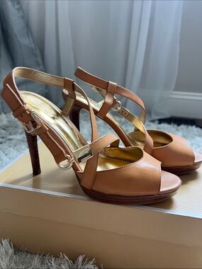 Coach Cognac Leather Platform Slingback Heels